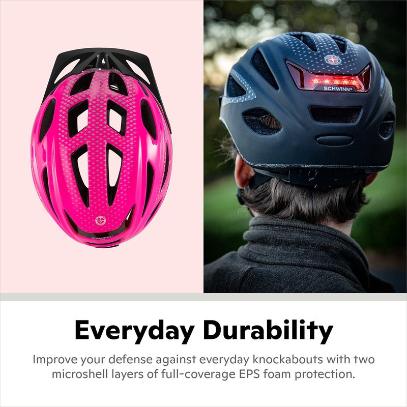 Schwinn Beam Lighted Helmet for Adults, Pink, Size 58 - 62 cm for Riders Ages 14+, Rear LED Light, Reflective Strips, Adjustable Dial and Straps, 17 Air Vents, Removable Visor, Adult Bike Helmet - Image 4